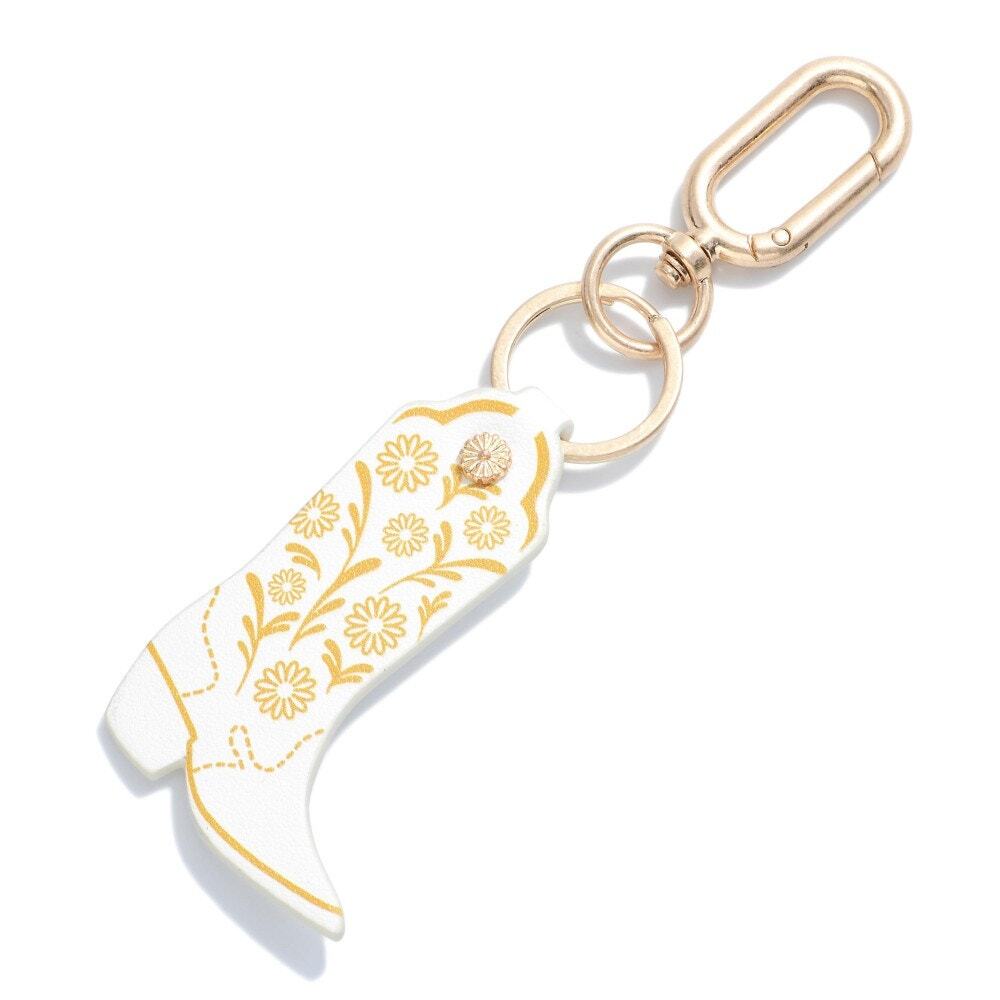 White Leather Like Paisley Cowboy Boot Keychain
